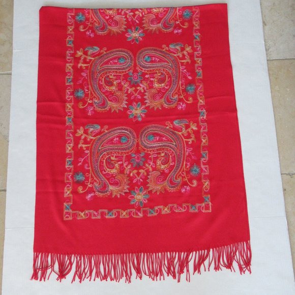 New Embroidered Pashmina Cashmere Wool Shawl Stole Wrap Scarf Throw 67x27" Red - Picture 8 of 13